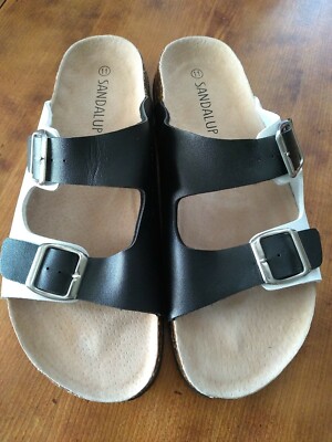 SANDAL UP  CORK SOLE MOLDED FOOTBED TOE LOOP/ TWO STRAP SLIDE SANDAL BLACK WHITE