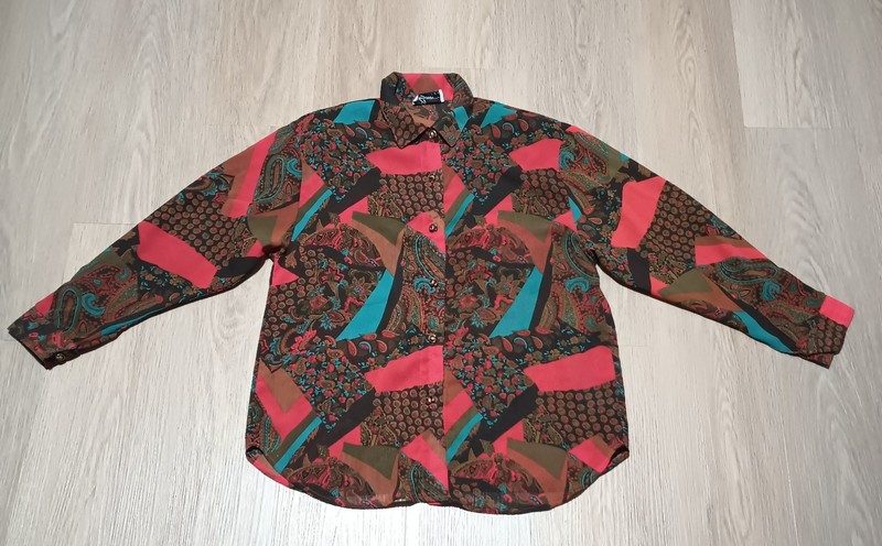 Vtg 80s TOP SEASON Sheer Paisley KITSCH New Wave Button Up Top bold statement L