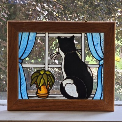 Vtg Tuxedo Cat Looking Out Window 12'' x 10'' Stained Glass Hanging Piece Framed