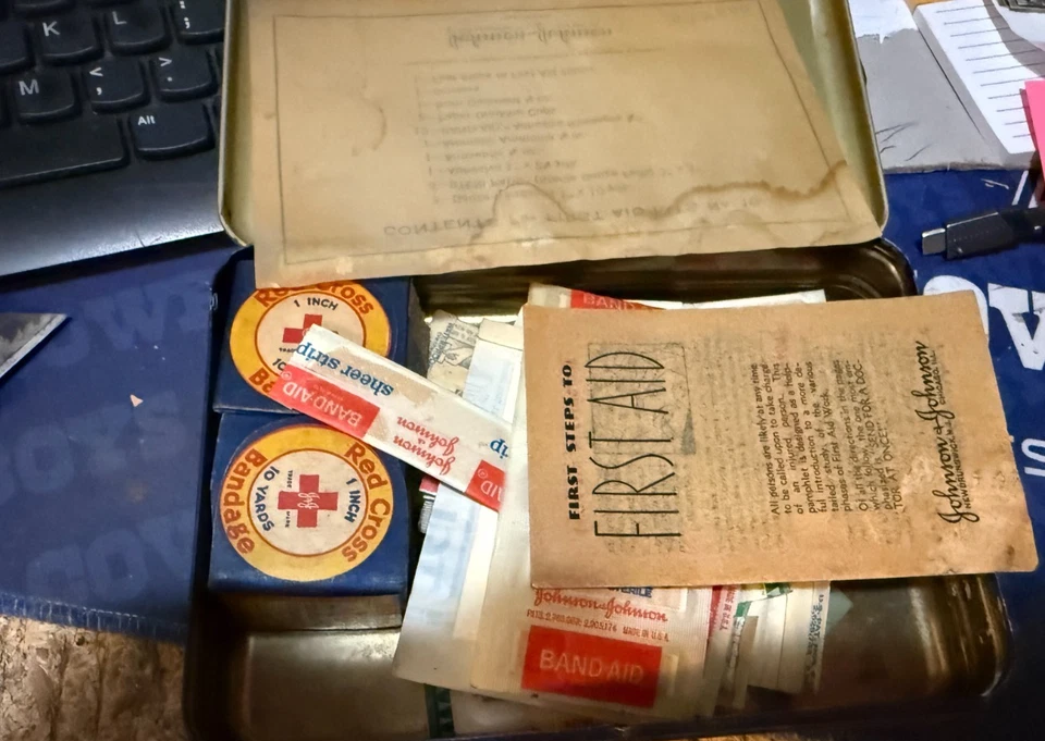 1950s Johnson & Johnson First Aid Auto Kit Tin Box Partial Contents - Image 2 of 2