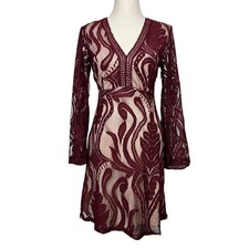 Kasamysoul Woman's Lace Embroidered Cranberry See Thru Lining Flowy Dress Medium