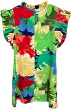 Jodifl Dress Tropical Royal Mix Flower Ruffled Cap Sleeve Shift Side Slit Sz Lg