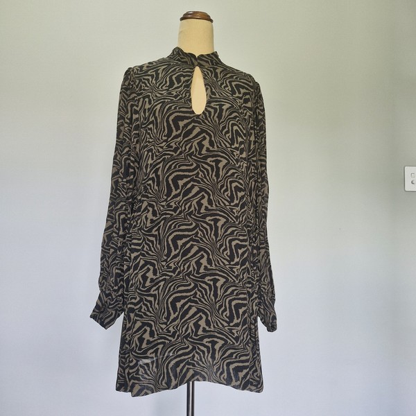 Ganni Kalamata Green & Black Printed Georgette Mini Dress Size 42 AU 14
