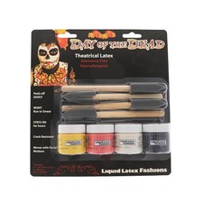 Day of the Dead Liquid Latex Kit- Four 1 fl oz Yellow Red White Black  4 Brush