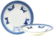 Mino ware Japanese Ceramics Round Plate Five Cat Faces White & Blue made in J...