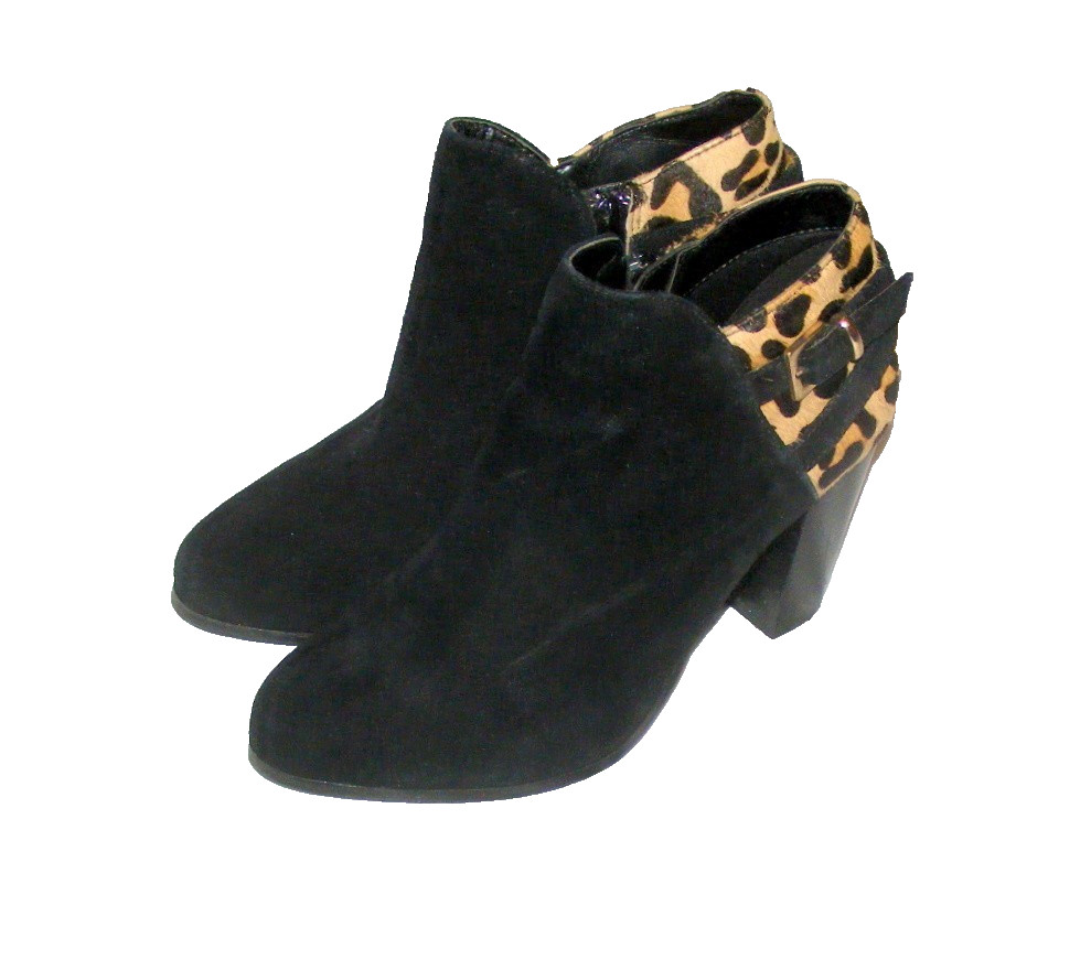 Dune London Black Suede & Leopard Print Pony Hair Ankle Boots Heel Buckle UK 5
