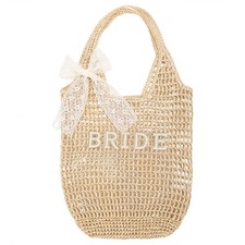 Handwoven Bride Straw Bag for Women Boho Pearl Letter Bow Beach Shoulder Tote...
