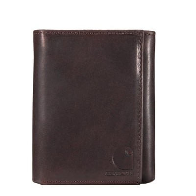 Carhartt Wallet Mens Brown 100% Genuine Leather Slim Trifold Embossed Logo RFID