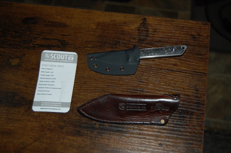 Griffin Co. Scout Medic CRbon Fiber Scales, Satin blade & Leather pocket sheath