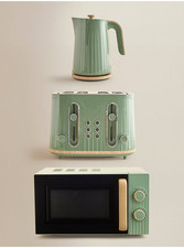 Kettle Toaster Microwave Kitchen Set Green Wood Textured Scandi Stylish Esential