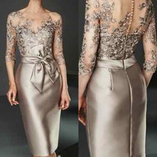 Champagne Short Mother Of the Bride Dresses Knee Length Satin Lace Appliqued