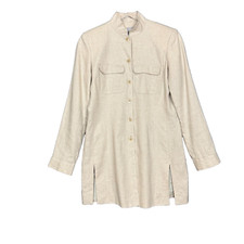 Liz Claiborne Jacket Womens 4 Beige Linen Long Blazer Mandarine Collar Vintage