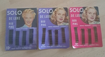Vintage 3 Cards Of Solo De Luxe Bob Pins 'Joan Caulfield' 'Mona Freeman'
