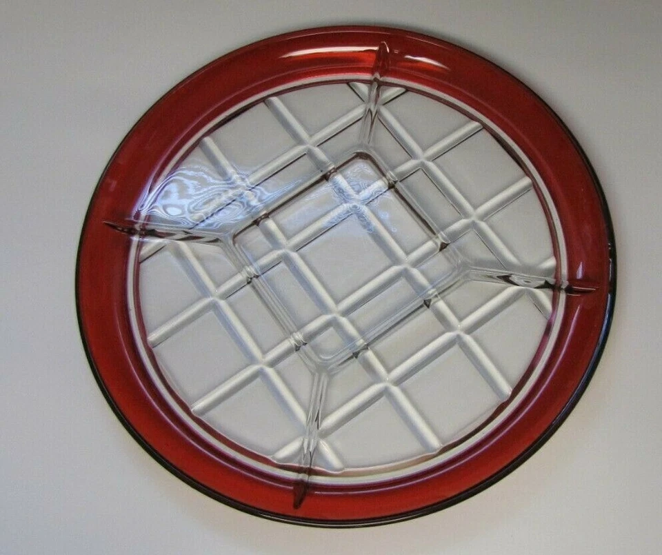 Clear Glass Ruby Red Flashed Stained Rim Divided Platter Server Tray 5 Sections - Image 2 of 4