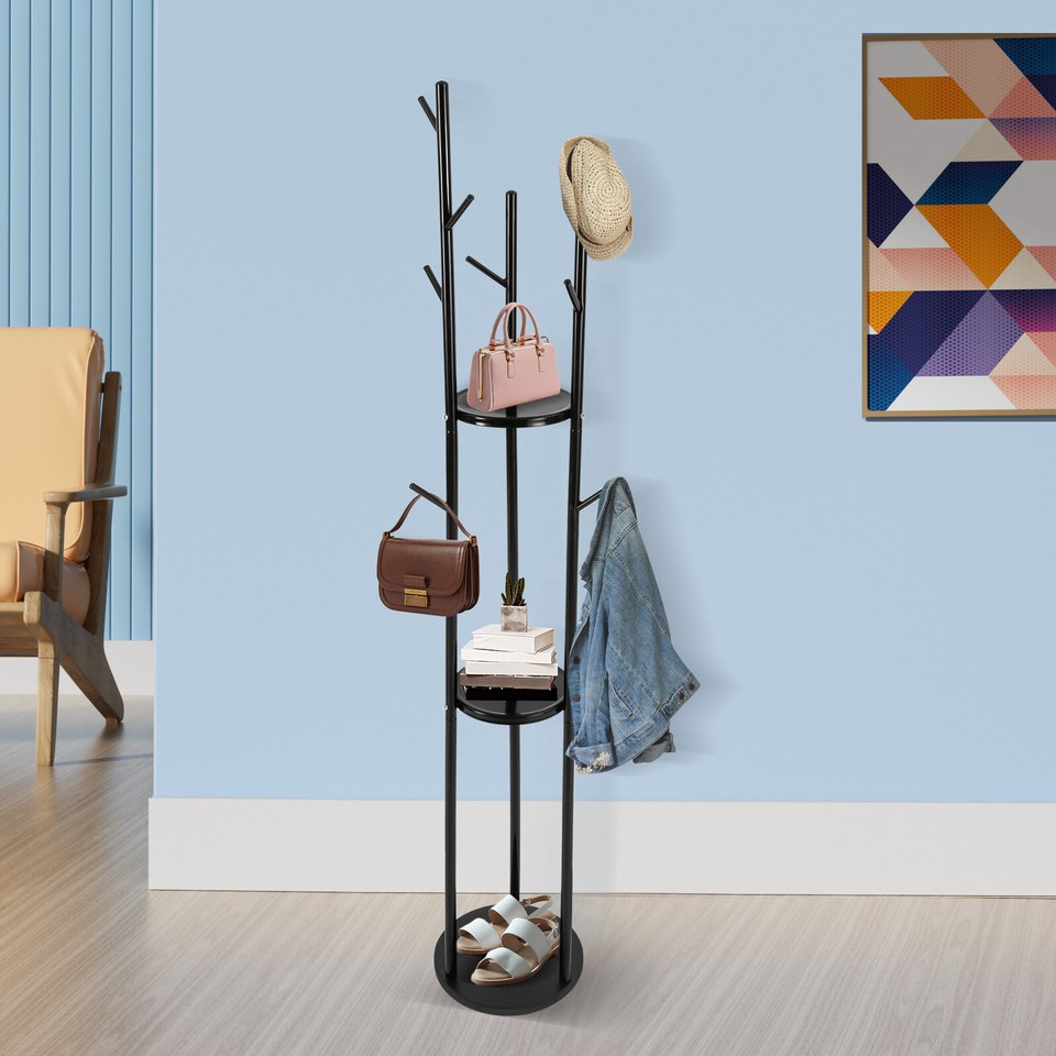 Wooden Coat Rack Stand Free Standing Tree Hanger Hall Coat Hat Rack
