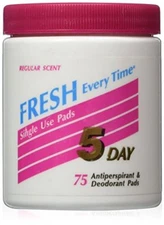 4 Pack 5 Day Fresh Every Time Antiperspirant Deodorant Pads Reg. Scent 75 Each