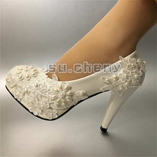 su.cheny 2/3/4''heel white pearl lace Wedding Bridal flats pump heels shoes 5-13