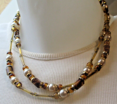 Collier Sautoir Ancien Perles Résine Topaze - Fermoir Vis, Vintage, Référence 632