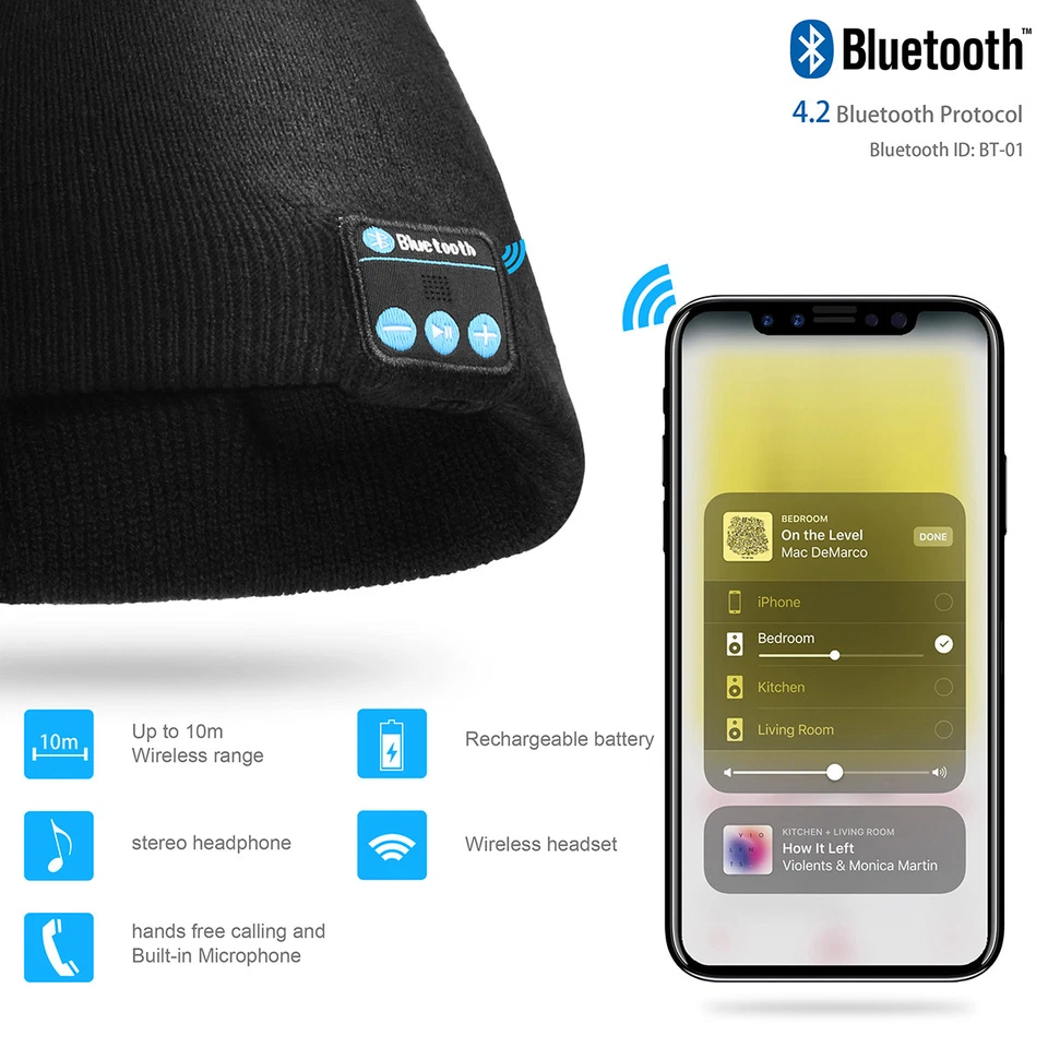 Bluetooth Wireless Headphone Knitted Warm Beanie Hat w/ Mic Speaker Headset Hats - Image 3 of 4