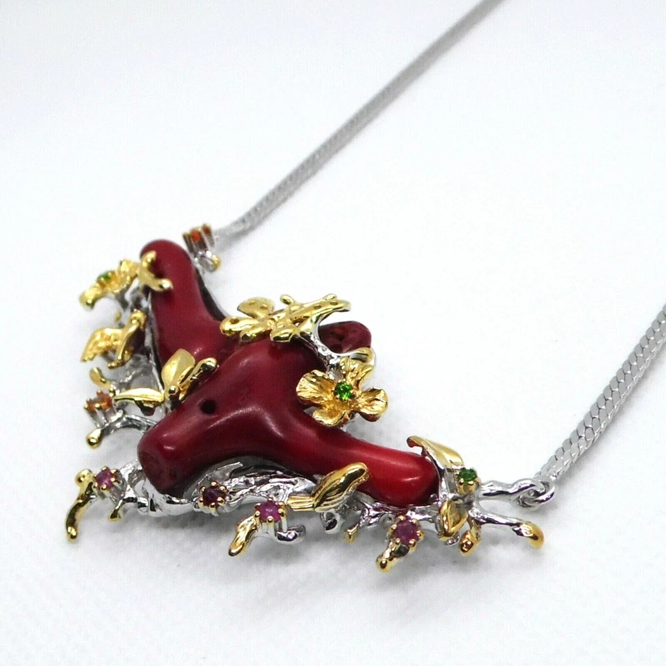 Koralle Saphir Rubin Smaragd Collier  925 Silber 585 Bicolor vergoldet 50 & 3 cm - Bild 4 von 4