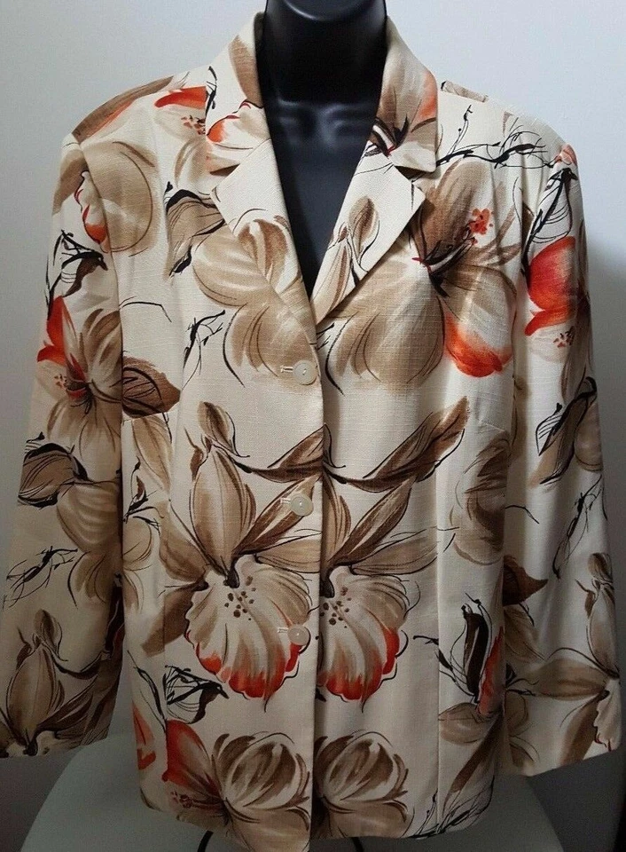 Alfred Dunner Womens Blazer Jacket Coat Size 18 Brown Orange Ivory Floral - Image 4 of 4