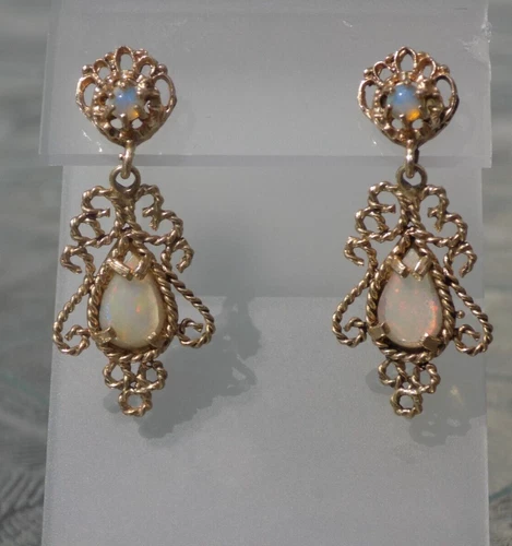 Antique 14k yellow gold opal dangle filagree earrings