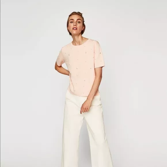 Zara Sweater Top Short Sleeve Cropped Size L Pink Knit Faux Pearl