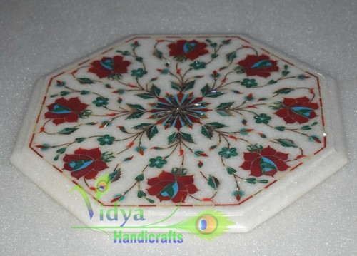 12" Marble Coffee Table Top Carnelian Inlay Mosaic Handmade Flower Home Decor - Picture 3 of 5