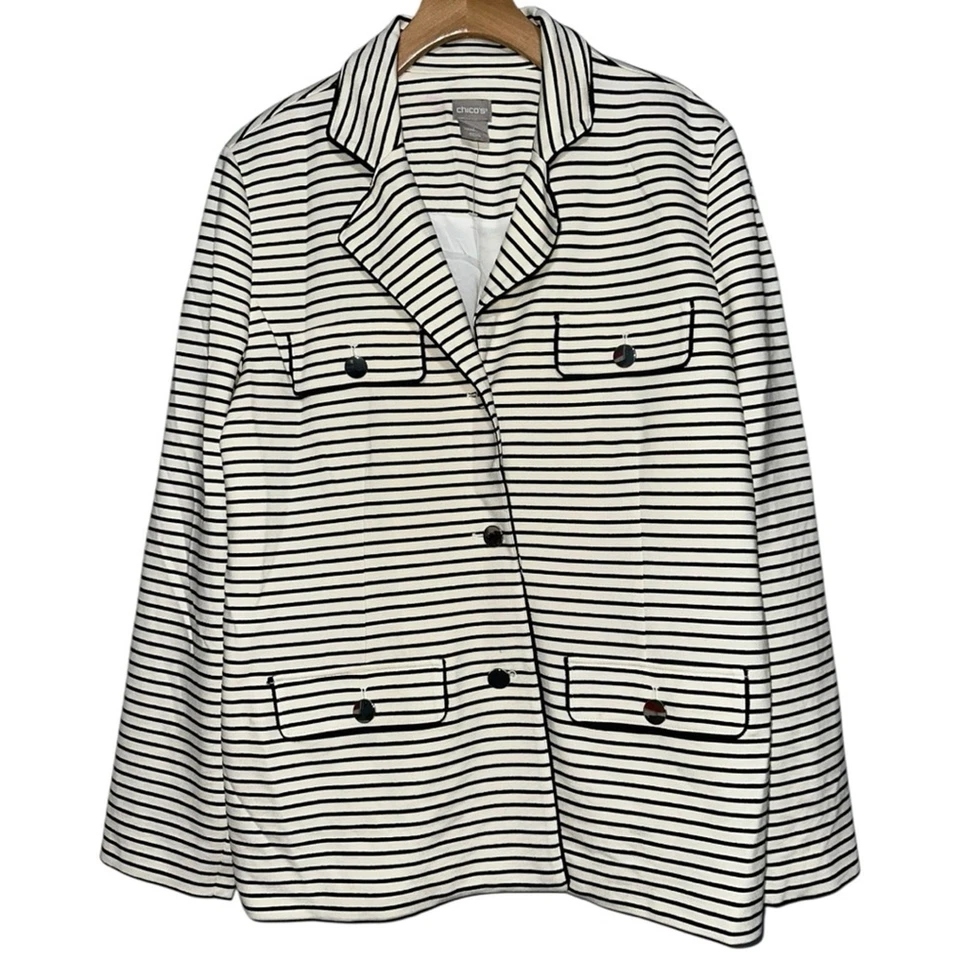 Blazer Chico’s Mujer Talla 2 M Blanco y Negro Rayas Clásico Jersey Elástico Tejido Foto 2 de 4