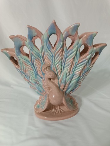 Royal Haeger Peacock Vase Planter R31 Pink Blue Mid Century USA Ceramic