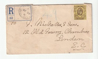 GB UK 3d stamp registered cover ROTHERHITHE 29/12/1911 to London