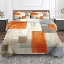 Beige Grey Abstract Painting Comforter Set Size King Orange Abstract Painting
