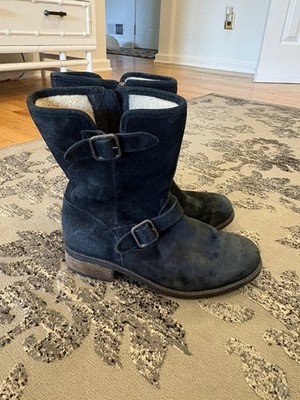 UGG Chaney Moto Boots Size 8.5 Black Suede Buckles Sherpa Winter Rubber Sole