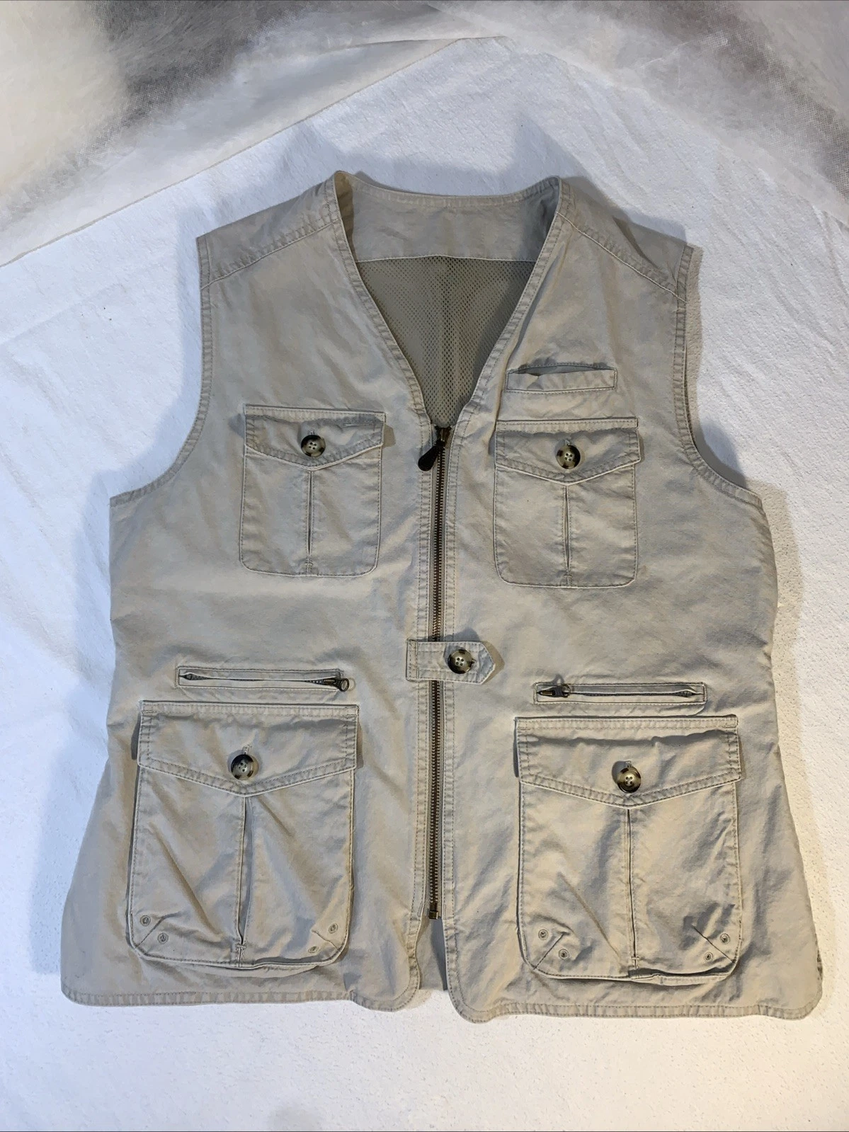 Field Vest Vtg Fish Safari Hike Cotton Lined Mesh Zippered Pockets Adjustable