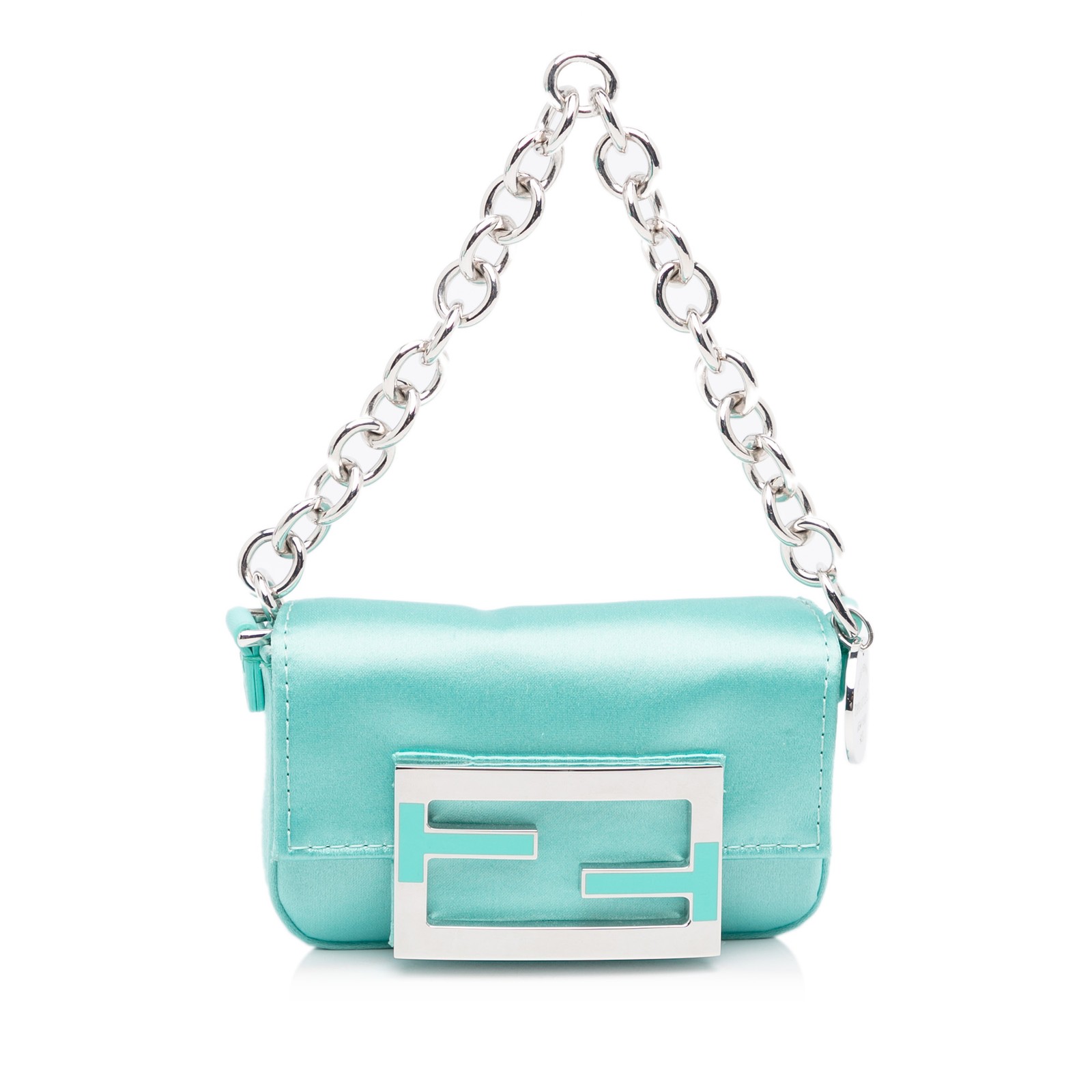 Authentic Fendi x Nano Tiffany Blue Satin Baguette Handbag