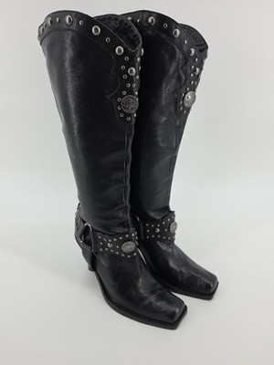Antonio Melani Black Leather Buffalo 16'' Knee High Buckle Boots 3'' Heel Size 6M