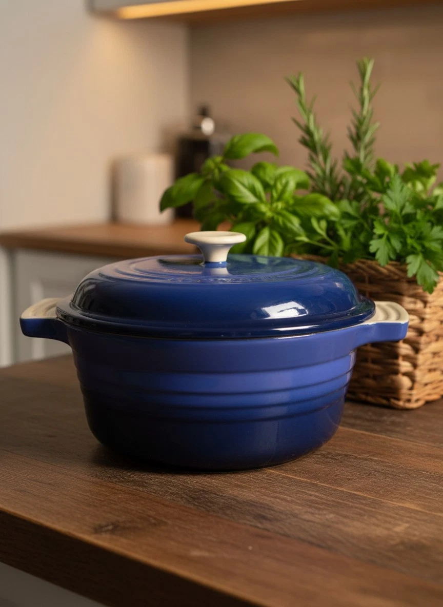 Vintage blue enameled cast iron Dutch oven Le Creuset TEMPORARY PRICE REDUCTION