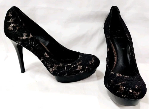 Tory Burch NERO TESSUTO PIZZO maglia argento pelle tacco a spillo pompa alto 9 5 nuovo