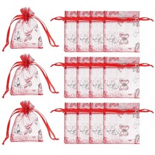 Organza Bags, 100 Pcs 2.8 x 3.5 Inch Butterfly Mesh Candy Pouch, Red Silver