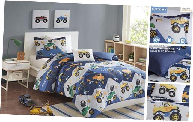 Queen Comforter Set for Boys 4 Piece Monster Truck Comforter Full/Queen Blue