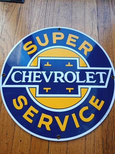 VINTAGE 1986 ANDE ROONEY CHEVROLET SUPER SERVICE PORCELAIN SIGN 11-1/4" DIA USED