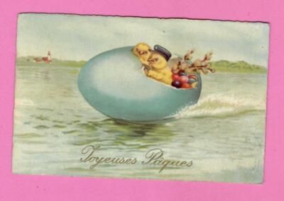 EASTER CHICKEN EGG AND pussy-willow VINTAGE POSTCARD USED 2085