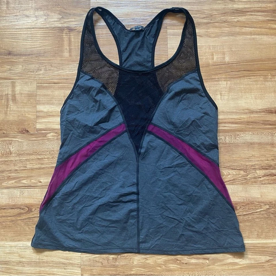 MICHI L Gray Purple Low Cut Mesh Performance Tank Workout Athleisure Designer - Image 3 of 4