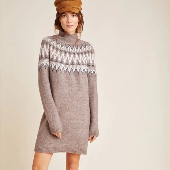 line and dot Brown Fair Isle Print Turtleneck Sweater Dress Size PXS | eBay