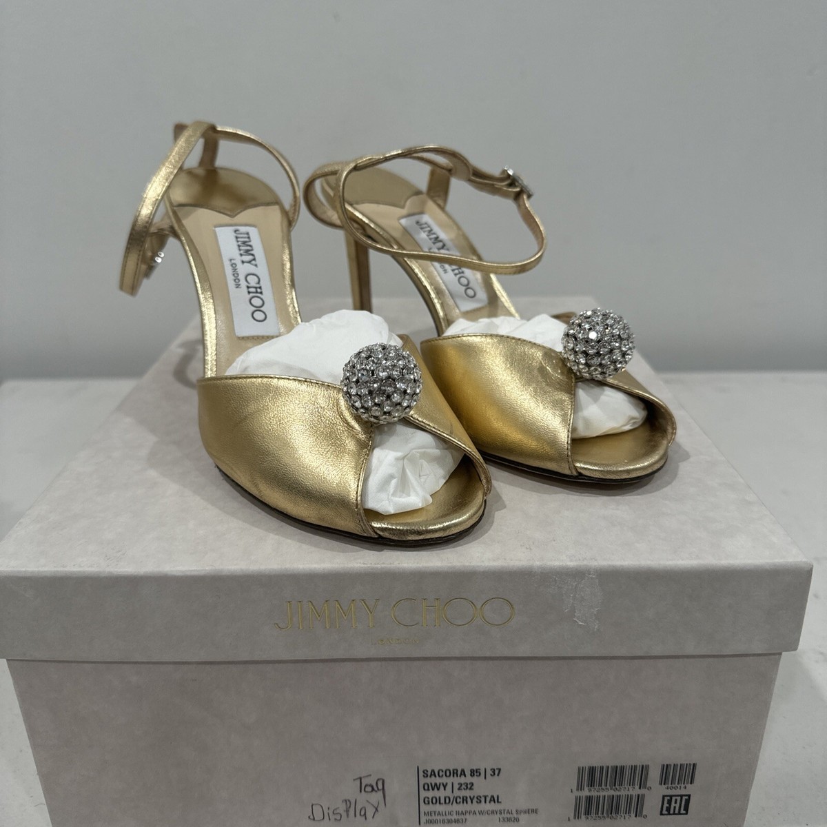 Jimmy Choo Sacora 85, Size 37 (7 US) Gold/Crystal Sandal