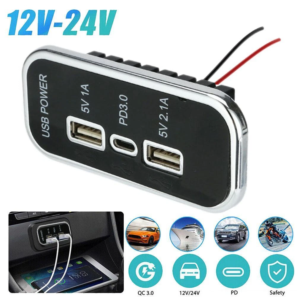 DC 12-24V PD Type C USB Port Car Fast Charger Socket Power Outlet Panel  Mount