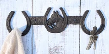 Rustic Western Horse Head With 3 Horseshoes Lucky Charm Double Wall Coat Hook