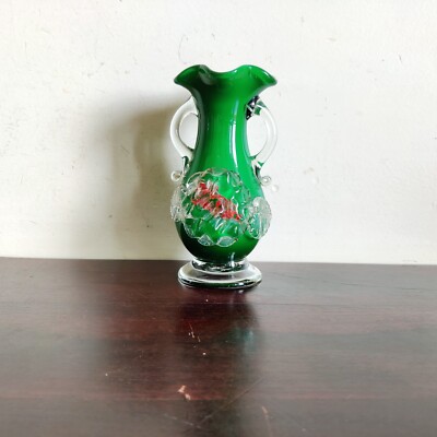 Vintage Handmade Floral Pontil Mark Green Red Glass Flower Vase