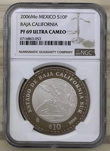 Mexico 2006 Mo Silver 10 Pesos Coin Baja California NGC Proof PF 69 UC Mint:6000
