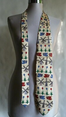 Vintage (& mit Etikett) Krawattenhalter Niederlande Holland Motiv Seidenkrawatte. Clogs Windmühle
